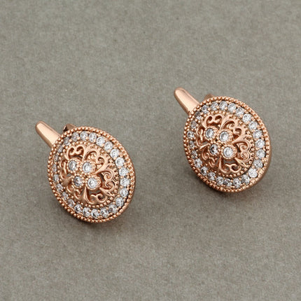 Rose Gold Flower Earrings with Zircon & Semi-Precious Stone Inlay