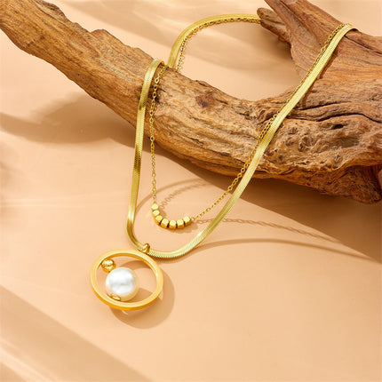 Stainless Steel Geometric Round Pendant Necklace for Women