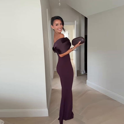 Women’s Wine Red Long Polyester Dress – Elegant Maxi Dress