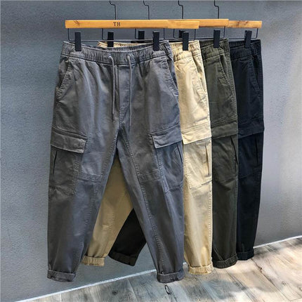 Men's Cotton Cargo Work Trousers – Mid Waist, Loose Fit, Solid Colors