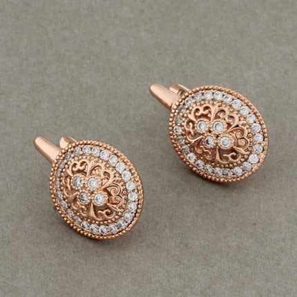 Rose Gold Flower Earrings with Zircon & Semi-Precious Stone Inlay