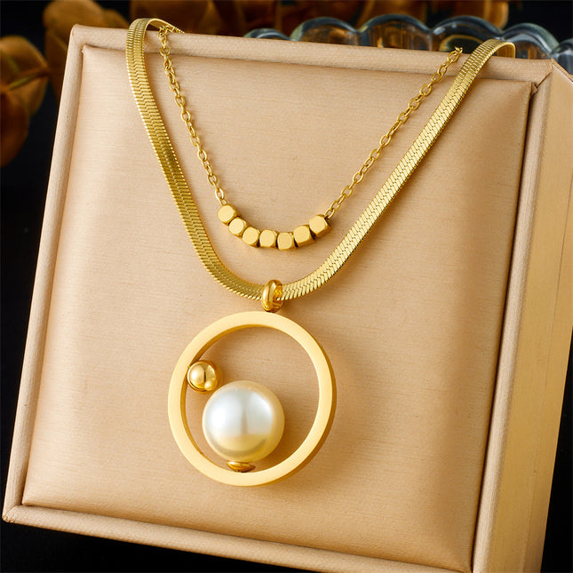 Stainless Steel Geometric Round Pendant Necklace for Women