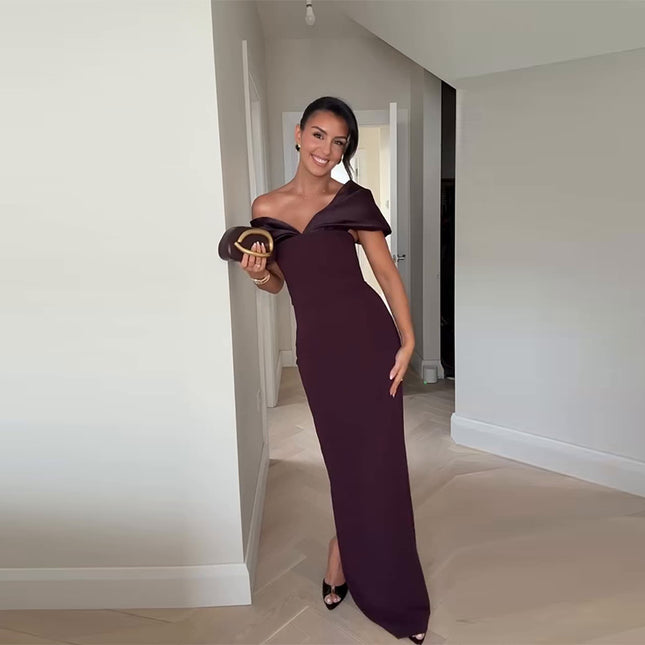 Women’s Wine Red Long Polyester Dress – Elegant Maxi Dress