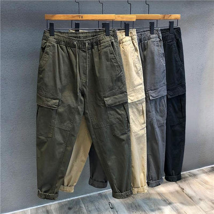 Men's Cotton Cargo Work Trousers – Mid Waist, Loose Fit, Solid Colors
