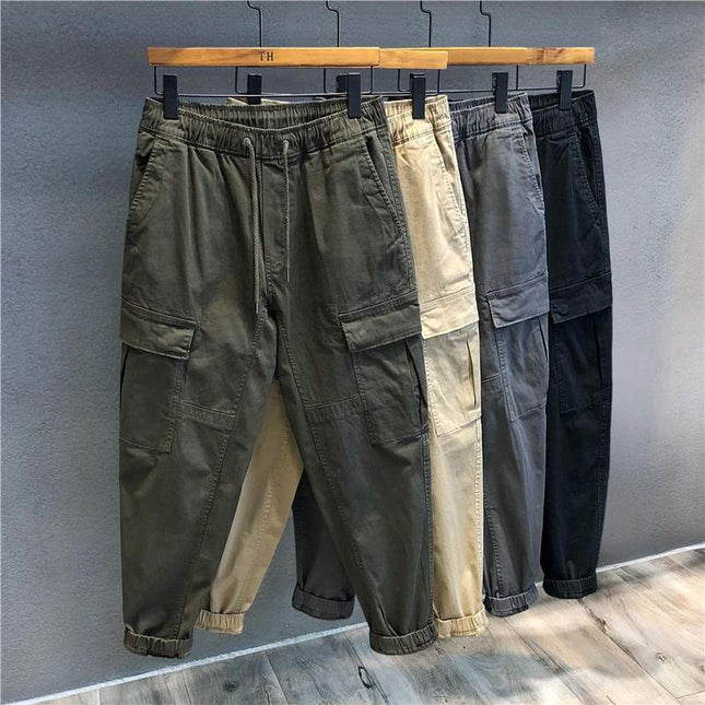 Men's Cotton Cargo Work Trousers – Mid Waist, Loose Fit, Solid Colors