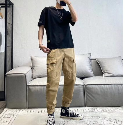 Men's Cotton Cargo Work Trousers – Mid Waist, Loose Fit, Solid Colors
