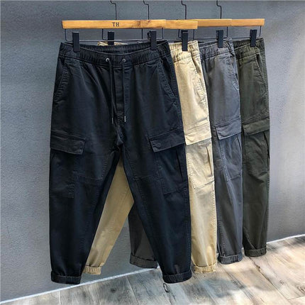 Men's Cotton Cargo Work Trousers – Mid Waist, Loose Fit, Solid Colors