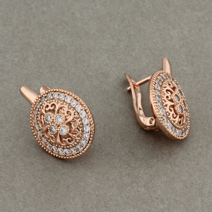Rose Gold Flower Earrings with Zircon & Semi-Precious Stone Inlay