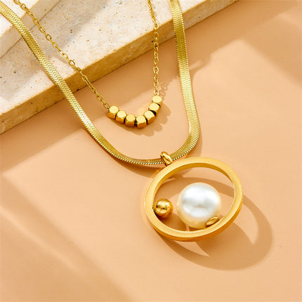 Stainless Steel Geometric Round Pendant Necklace for Women