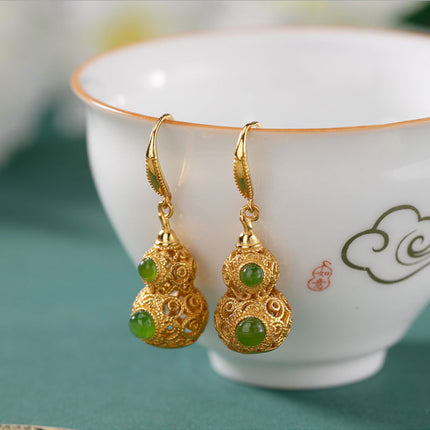 Green Gourd Earrings with Inlaid Ornament – Elegant Women’s Jewelry