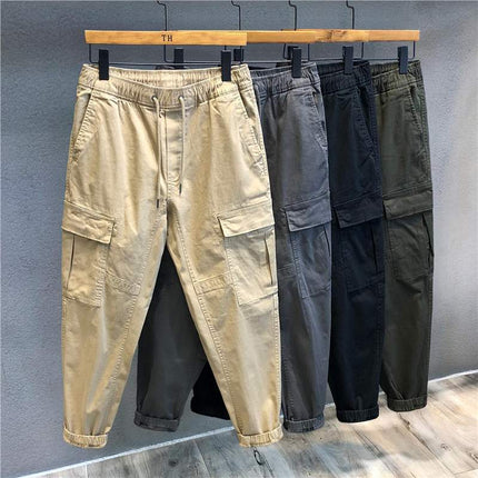 Men's Cotton Cargo Work Trousers – Mid Waist, Loose Fit, Solid Colors