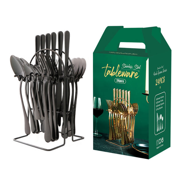Luxury Stainless Steel Dinnerware Set – 24-Piece Cutlery with Storage Rack