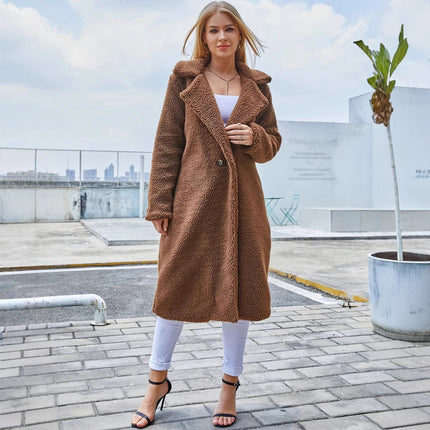 Women’s Thick Solid-Color Coat – Long-Sleeve Polyester Winter Jacket (Coffee Brown)