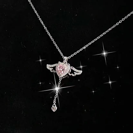 Moving Cupid Heart Angel Wings Tassel Necklace with Crystal Clavicle Chain