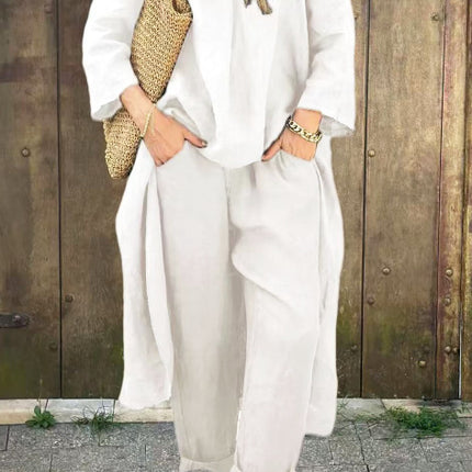 2pcs Women’s Long-Sleeved Suit Set – Loose V-Neck Long Top & High Waist Wide-Leg Pants with Pockets