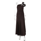 Women’s Retro One-Shoulder Pleated Long Dress – Brown Polyester