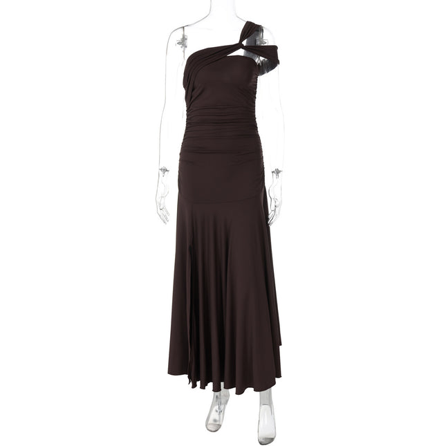 Women’s Retro One-Shoulder Pleated Long Dress – Brown Polyester