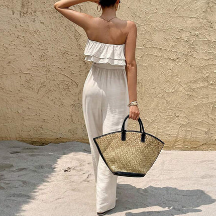 Sleeveless Two-Tone Twill Jumpsuit with Lace-Up Detailing