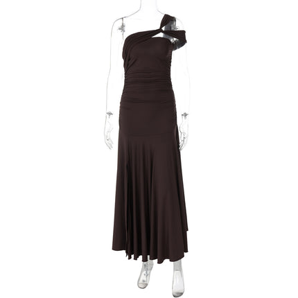 Women’s Retro One-Shoulder Pleated Long Dress – Brown Polyester