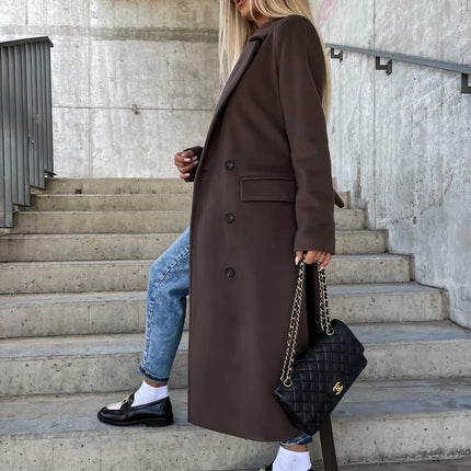 Women’s Long Solid Color Commuter Coat – Elegant Temperament Polyester Overcoat