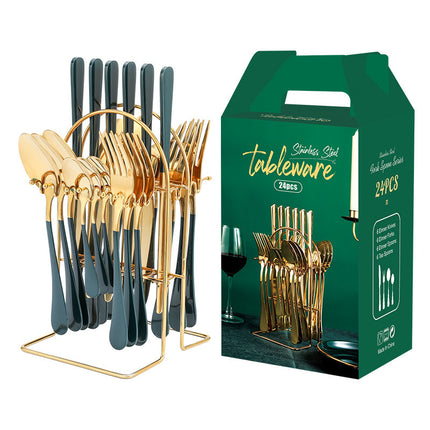 Luxury Stainless Steel Dinnerware Set – 24-Piece Cutlery with Storage Rack