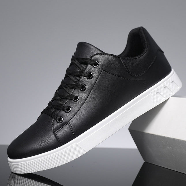 men’s Casual Low-Top Flat Shoes – Solid Color PU Leather Wear-Resistant Sneakers