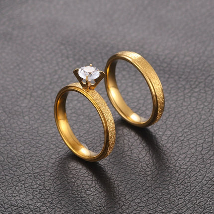 Titanium Steel Gold Couple Rings with Diamond Accent – Set of 2