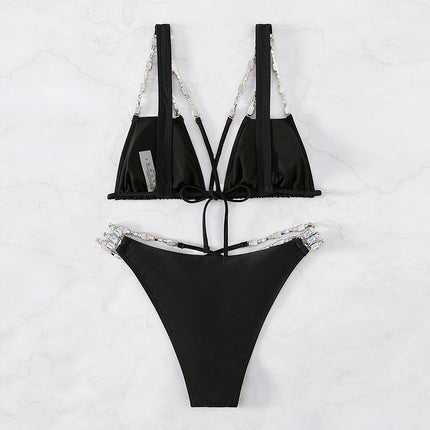 Women’s Solid Color High Waist Backless Swimsuit – Black Two-Piece