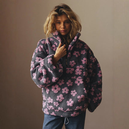 Women’s Floral Street Fashion Pullover Coat – Trendy Long-Sleeve Polyester Jacket