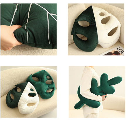 Green Plant Plush Cushion – Embroidered Monstera & Philodendron Decorative Pillow