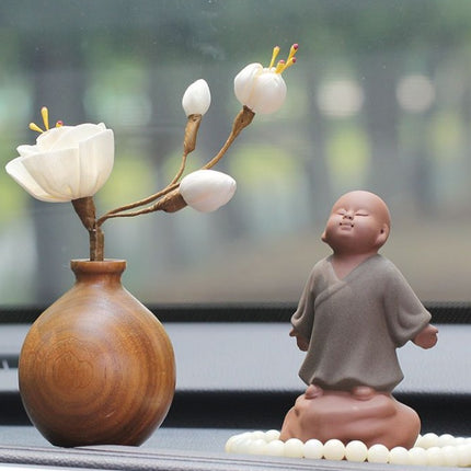 Black Walnut Monk Figurine Car Decoration Set – High-End Interior Blessing Ornament