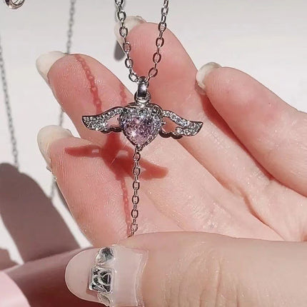 Moving Cupid Heart Angel Wings Tassel Necklace with Crystal Clavicle Chain