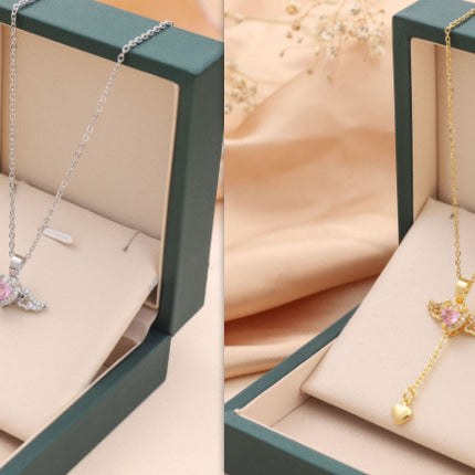Moving Cupid Heart Angel Wings Tassel Necklace with Crystal Clavicle Chain