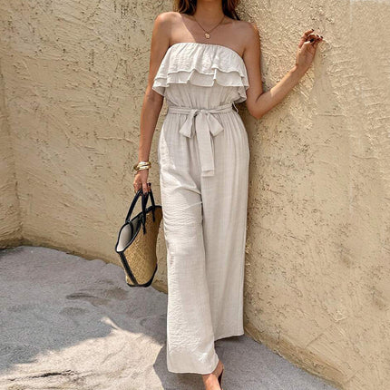 Sleeveless Two-Tone Twill Jumpsuit with Lace-Up Detailing