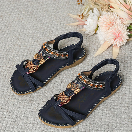 Women’s Ethnic Style PU Sandals – Rhinestone Beaded Breathable Lightweight Flats
