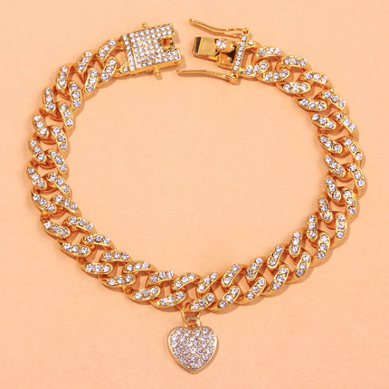 Diamond Heart Cuban Anklet – Rhinestone Electroplated Fashion Jewelry