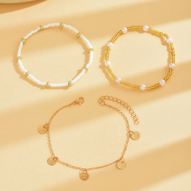 Bohemian Gold Beaded Anklet 3-Piece Set – Travel Gift for Women