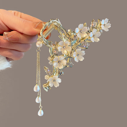Bell Orchid Tassel Grip Hair Clip with Diamond Inlay