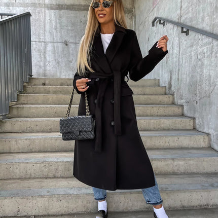Women’s Long Solid Color Commuter Coat – Elegant Temperament Polyester Overcoat