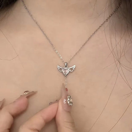 Moving Cupid Heart Angel Wings Tassel Necklace with Crystal Clavicle Chain