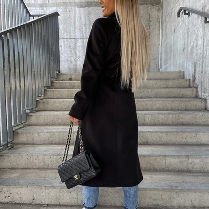 Women’s Long Solid Color Commuter Coat – Elegant Temperament Polyester Overcoat