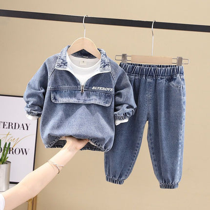 Boys Denim Two-Piece Set – Korean Style Long Sleeve Top & Pants