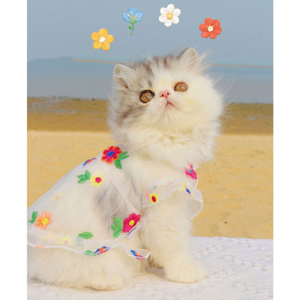 Princess Fairy Flower Embroidery Dress with Hand-Woven Straw Hat for Cats and Dogs