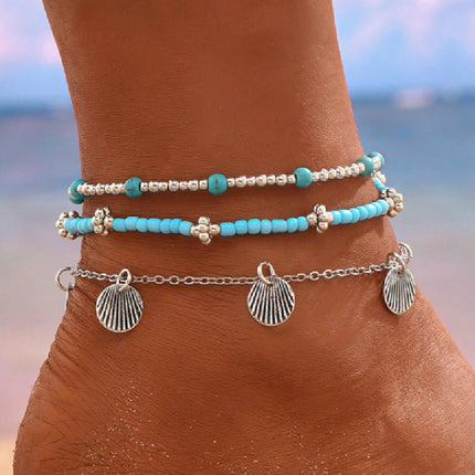 Shell Bead Three-Piece Geometric Anklet Set – Fashion OL Style
