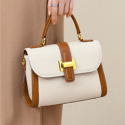Street Trend Genuine Leather Horizontal Square Handbag with Contrast Color