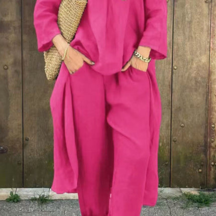 2pcs Women’s Long-Sleeved Suit Set – Loose V-Neck Long Top & High Waist Wide-Leg Pants with Pockets