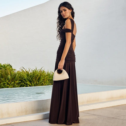 Women’s Retro One-Shoulder Pleated Long Dress – Brown Polyester