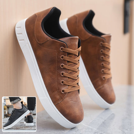 men’s Casual Low-Top Flat Shoes – Solid Color PU Leather Wear-Resistant Sneakers