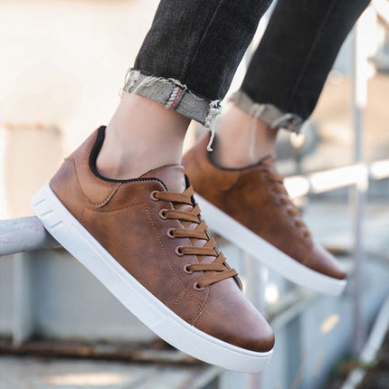 men’s Casual Low-Top Flat Shoes – Solid Color PU Leather Wear-Resistant Sneakers