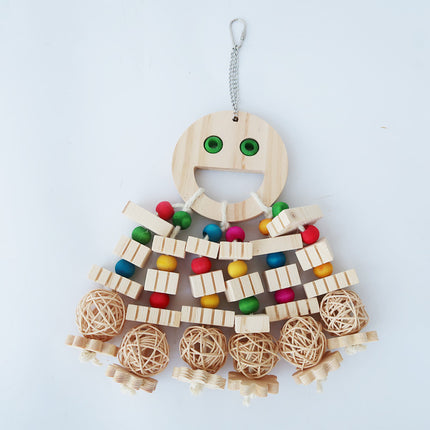 Cartoon Wooden Parrot Bite Toy – Molar Building Blocks with Beads for Birds